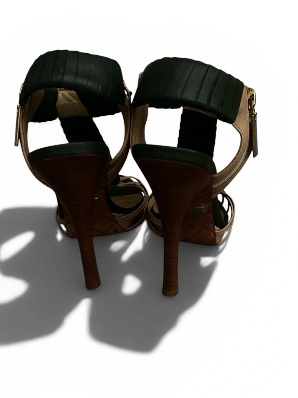L.A.M.B. Zada Stiletto Cage Ankle Strappy High Heels Size 7.5 Green Tan Leather